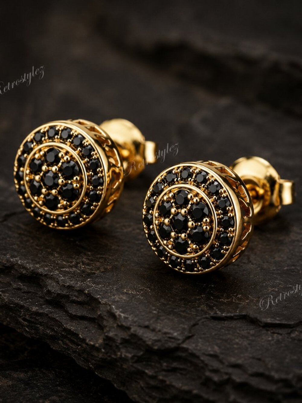 14K Gold Mens 2ct Black Diamond Round Stud Earrings Guys 14 K Silver Studs NEW
